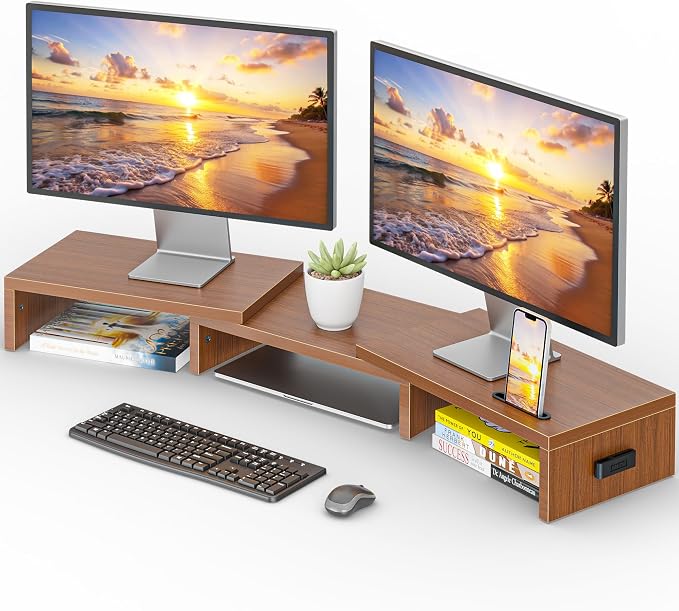 BONTEC Dual Monitor Stand Riser, Adjustable Length & Swivel Angle, Walnut | Ergonomic Wooden Desktop Organizer with Smartphone Holder, Computer Monitor Stand for PC, Laptop, Printer and Large Storage