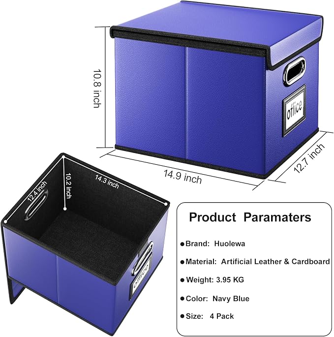 File Organizer Box with Lids, Collapsible File Folder Organizer | File Box with Plastic Slides for Document, Filing Bin for Letter Size Hanging File Folders (4 Pack, Navy Blue, Leather)
