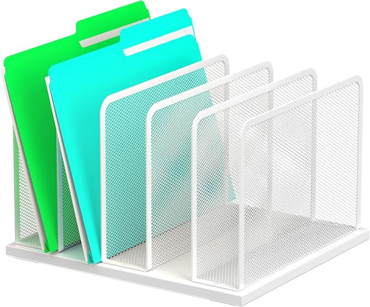 Kuntine.B 5-Section Upright Desk File Organizer White 1 Pack | Vertical, Mesh, Metal, Assembly, Stability, Sturdiness, Organization, Standing