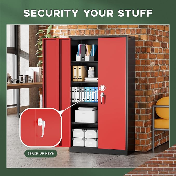 Greenvelly Metal Garage Storage Cabinet, 72" Black Red Tool Steel Locking Cabinet with Doors and 4 Shelves, Tall Cabinets for Garage Storage Systems Lockable File Cabinet for Home Office,Garage
