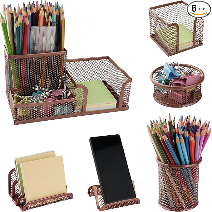 Desk Organizer for Office, 6 Pieces Mesh Desk Multi-functional Storage Set Office Supplies Accessories (Rose Gold)
