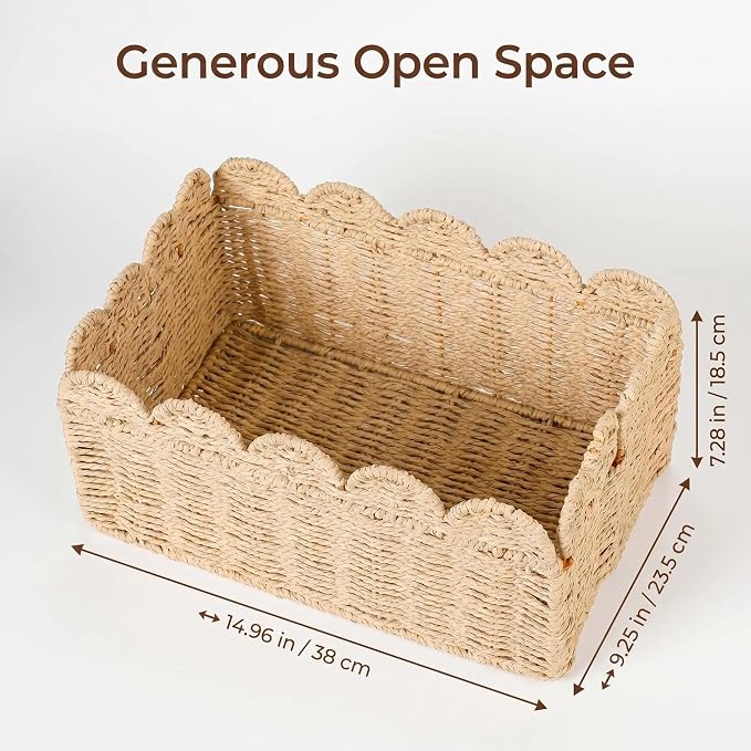 Foldable Scalloped Wicker Basket, Portable Storage Basket for Shelves, Decorative Boho Home Organizer for Bathroom and Living Room
