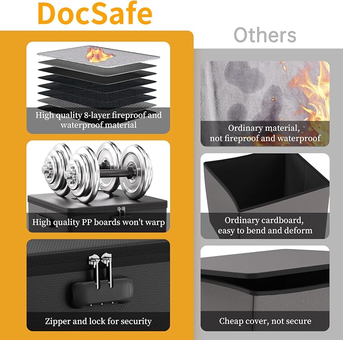 DocSafe Vinyl Record Storage Box with Lock, Fireproof Heat Insulated 5200°F Record Organizer Storage for 100+ Single Records(12-inch), Collapsible Storage Crate with Handles Safe for Home Travel