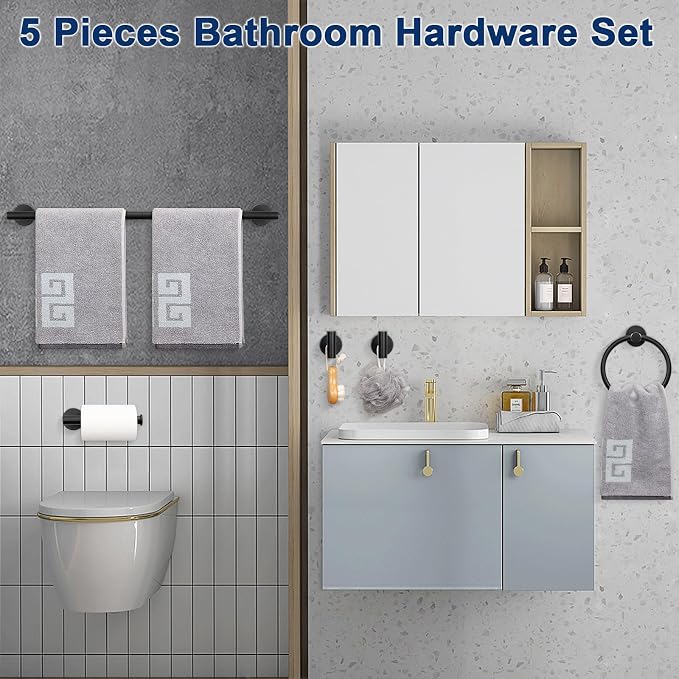 NearMoon 5 Pieces Bathroom Hardware Set SUS304 Thicken Stainless Steel-Towel Rack Kit Include 24" Towel Rod + Bath Towel Ring + Toilet Paper Holder + Robe Towel Hooks Bath Accessories (Matte Black)