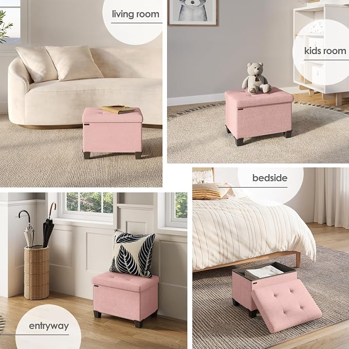 Storage Ottoman Cube with Small Bin, 16-in Square Ottoman with Storage for Living Room and Bedroom, Small Ottomans Foot Rest, Fabric Foot Stools Ottomans Max 330lbs, Pink