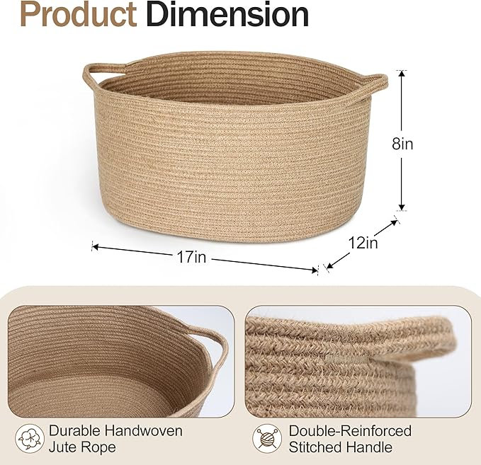 MEGASKET Jute Wicker Storage Basket with Handles, 17"x12"x8" Decorative Woven Baskets for Organizing Dog Toy, Gifts, Book, Towel, Cloth, Boho Storage Bin for Shelves, Entryway, Closet, Home Decor
