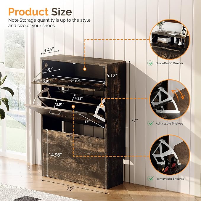 VINGLI Shoe Cabinet Storage for Entryway,Rustic Small Narrow Shoe Rack,25"W | 8–12 Pairs,Skirting Board Cutout,Drop-Down Drawer,9.4"D Slim,Dark Rustic Oak,2 Flip Drawers,Adjustable & Removable Shelf