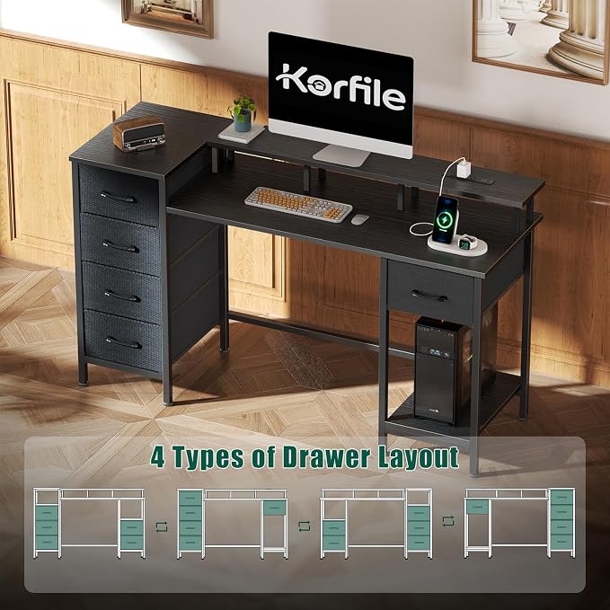 Korfile 55 Inch Gaming Computer Desk with Power Outlets,LED,5 Drawers,Black | For gaming and working,built-in power outlets and LED lights,5 fabric storage drawers, fits 55-inch, monitor stand,,black