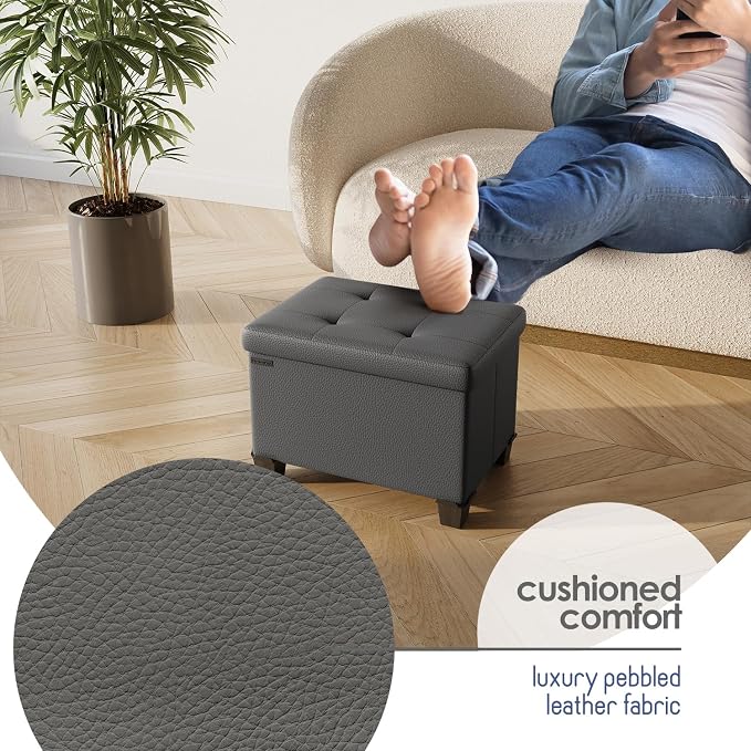 Storage Ottoman Cube with Small Bin, 16-in Square Ottoman with Storage for Living Room and Bedroom, Small Ottomans Foot Rest, Leather Foot Stools Ottomans Max 330lbs, Grey