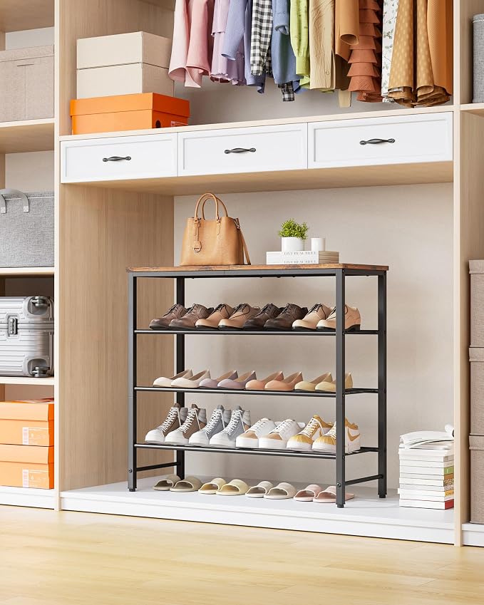Kitsure Shoe Rack for Closet, Shoe Storage, 29.5" Wide - 4 Tier, Brown | Space-Saving Shoe Organizer with Leveling Feet, Sturdy & Rust-Proof Wooden Shoe Rack for Entryway, Bedroom, Living Room