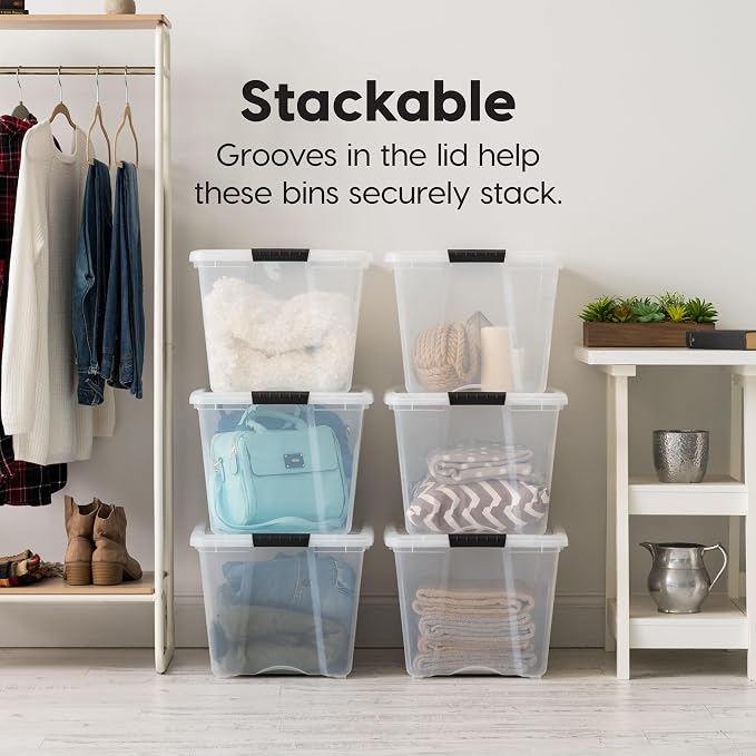 IRIS USA 6-Pack 54 Quart Storage Bins with Lids, Clear/White | Removable dividers organize tools, pantry goods, and household supplies. Stackable design saves space