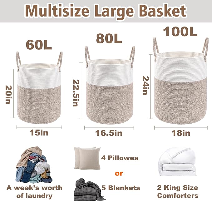 JMvicyroam Large Woven Laundry Basket Hamper,100L Cotton Rope Storage Bin for Blankets,Toys and Clothes,Decorative Tall Nursery Hamper for Living Room,Baby Nursery,Bathroom and Bedroom,Brown