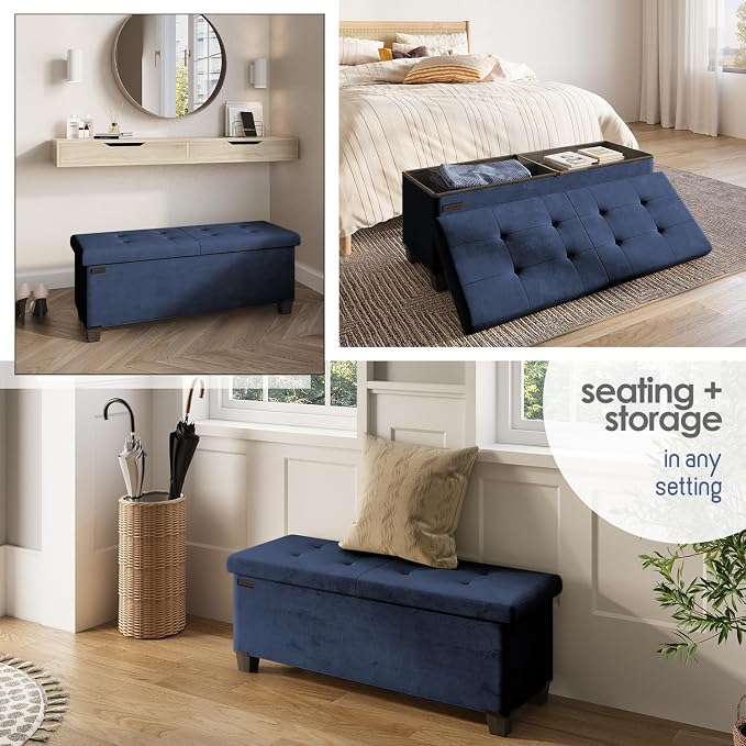 Storage Ottoman Bench with Bins, 43-in Storage Bench for Bedroom End of Bed, Folding Foot Rest Ottoman for Living Room Max 660lbs, Velvet Ottomans, Blue