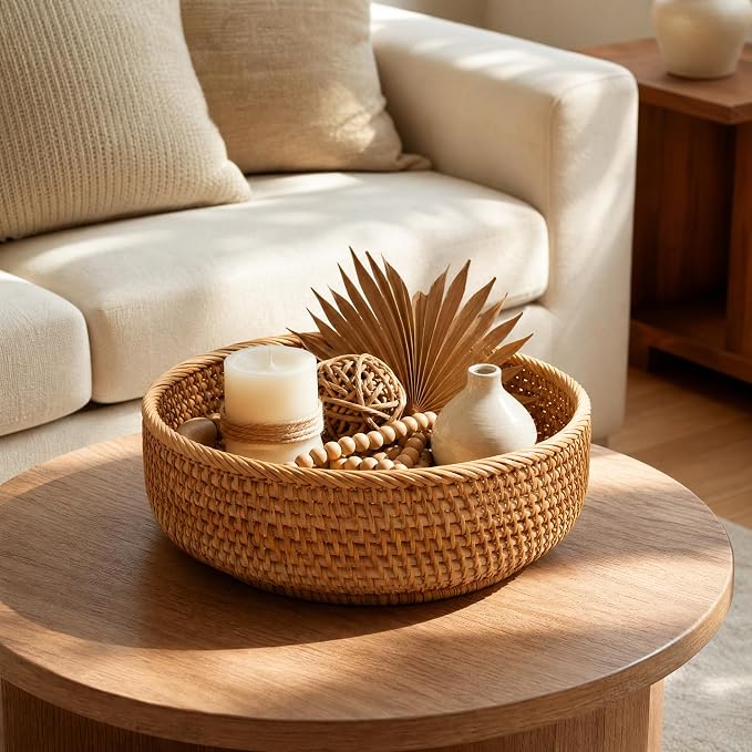 10.6" Large Round Rattan Bread Fruit Basket – Wicker Storage Basket Serving Bowl, Decorative Tabletop Food Basket for Kitchen Counters, Towel Organizer Dining Centerpieces Home Organization (L)