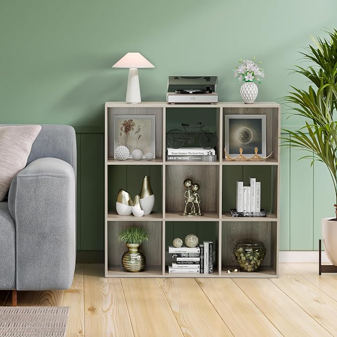 ZenStyle 9 Cube Storage Shelf Organizer, Wooden Bookshelf System Display Cube Shelves Compartments, Customizable W/ 5 Removable Back Panels (Natural)