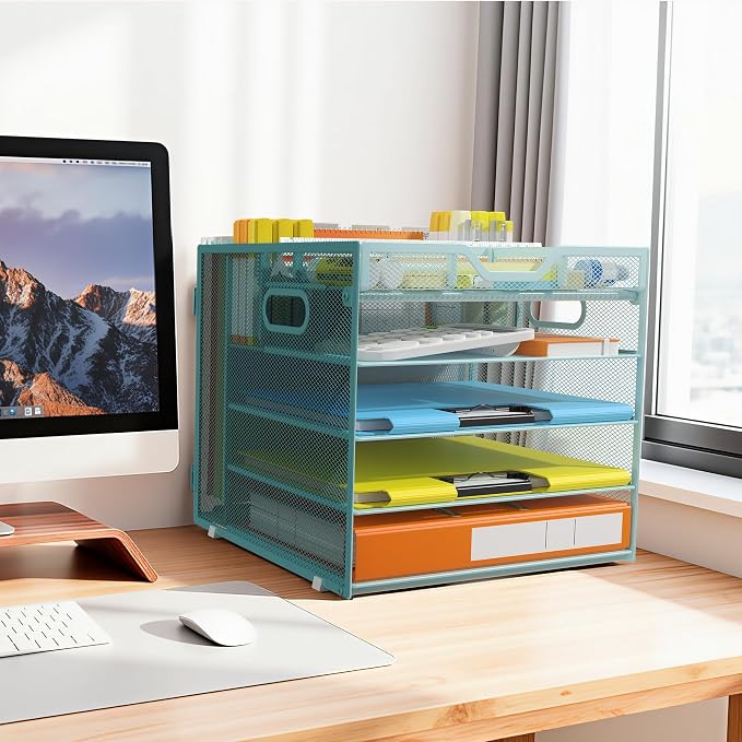 Docnest 5 Tier Desk Organizer with Hanging File Folder Holder&Tray, Blue | Features 3 detachable pen holders and 4 removable dividers.Versatile mesh desktop storage for mail, document,office supplie