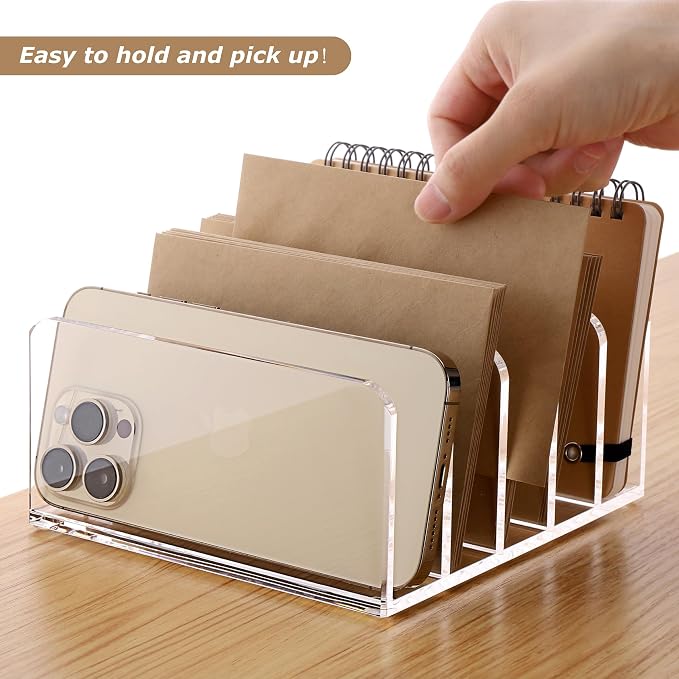 SANRUI 5 Slot Acrylic Mail Sorter Holder, Clear Letter File Desk Organizer | Document Magazine Envelope File Rack, Vertical Letter Sorter & Multifunction Desk Organizer for Bills, Documents, Notebooks