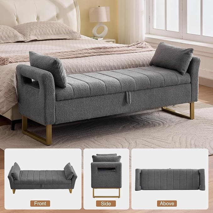 66" Storage Bench for Bedroom Upholstered End of Bed Bench King Size Grey | Long Bedroom Benches for Foot of Bed King,Teddy Storage Bed Bench with Gold Legs,2 Pillows for Entryway Windows Cloakroom