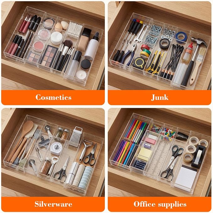 Briwooody Clear Acrylic Drawer Organizer Expandable,10 Compartments,Medium | 9'' up to 18'' x 12'' x 2.1'' Desk Drawer Organizer Trays Adjustable with Desk Accessories for Makeup Office Bathroom