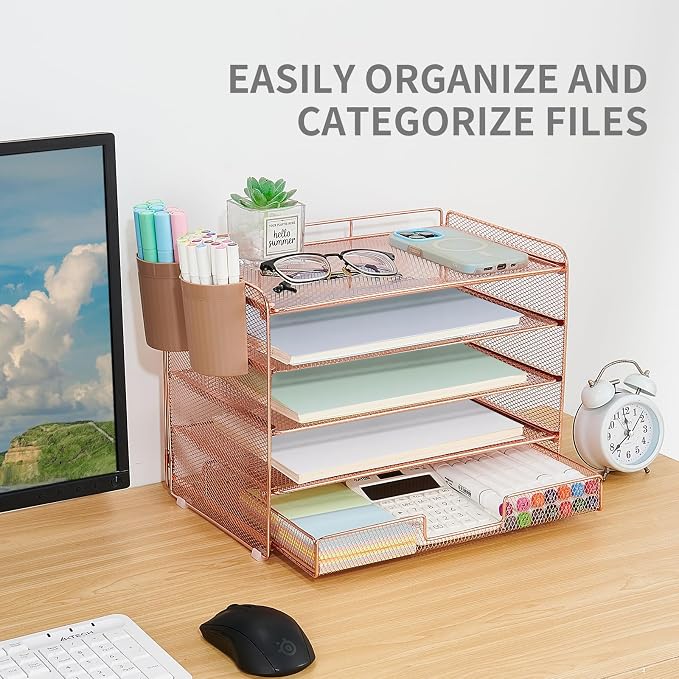 LEKETREE Desk Organizer and Accessories, 5-Tier Paper Letter Tray Organizer with Drawer & 2 Pen Holders for Desktop File Organization, Office Desk Accessories for Supplies Storage (Rose Gold)