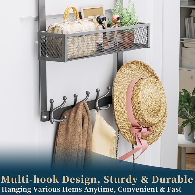 Consumest Over The Door Hooks Organizer - 2 Tier Over Door Hanger with 16 Hooks & 2 Baskets for Hanging Coat, Clothing, Towel, Back Storage for Bathroom, Closet, College Dorm, Grey