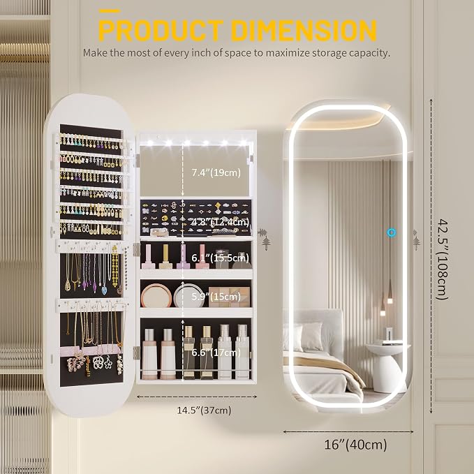 LED Mirror Jewelry Cabinet, Over the Door Jewelry Armoire Organizer | 42" Full Length Mirror with Storage, Built-in Makeup Mirror, Lockable Wall Mounted Jewelry Mirror for Women, Girls, White