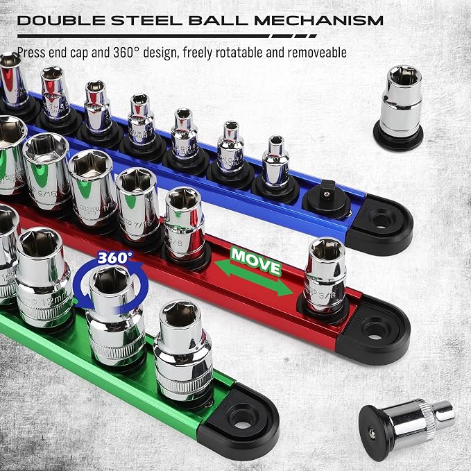 Magnetic Socket Holder Organizer Set: 9-Piece Detachable 1/4, 3/8, 1/2 Socket Trays Socket Organizer for Tool Box Drawer Holds 120-Piece Standard Size Sockets for Automotive Garage(Blue Red Green)