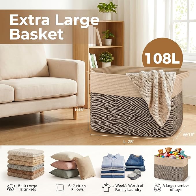 OIASKET 108L Cotton Rope Storage Basket for Living Room and Bedroom 25"x16"x16" Woven Laundry Basket, Heavy Duty Bin for Blankets, Pillows & Toys, Pet-Safe & Scratch-Free, Brown and Black