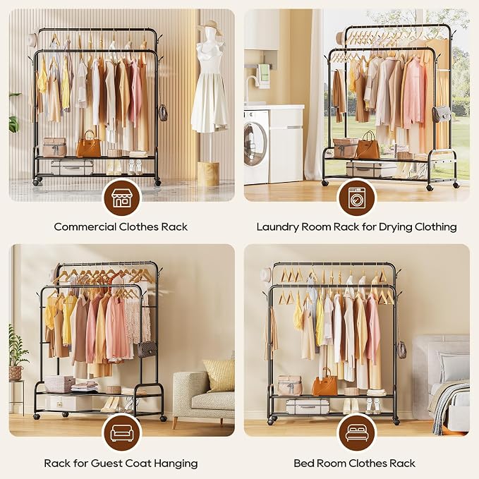 TigerParty Double Rods Clothes Rack for Hanging Clothes, Rolling Clothing Rack with Wheels, Freestanding Garment Racks with 2 Shelves for Bedroom Laundry Living Room