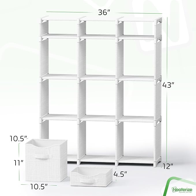 Cube Storage Organizer with Storage Bins Included - The Perfect Closet Organizers and Storage Solution. Includes 12 Storage Cubes, Great For Toy Storage, Closet Storage, Clothes Storage (White-Grey)