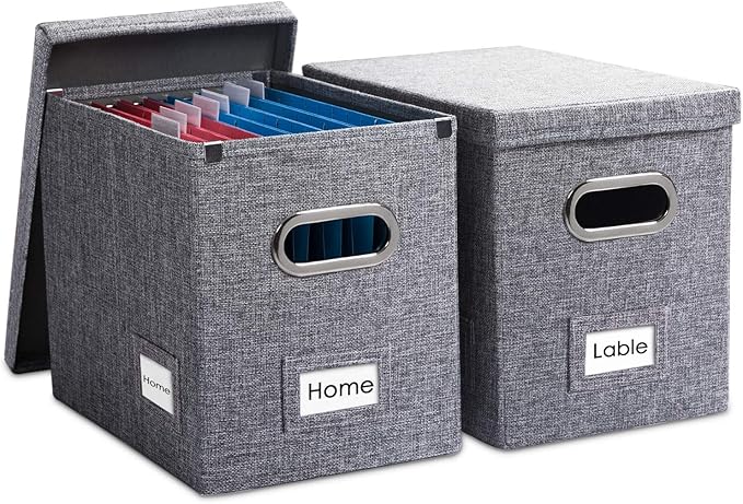File Organizer Box - Set of 2 Collapsible Decorative Linen Filing Storage Hanging File Folders with Lids Office Cabinet Letter Size Grey (14x9.3x10.8 inch)