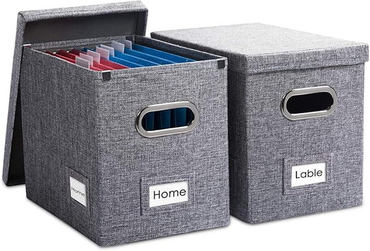 File Organizer Box - Set of 2 Collapsible Decorative Linen Filing Storage Hanging File Folders with Lids Office Cabinet Letter Size Grey (14x9.3x10.8 inch)
