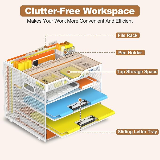 Docnest 5 Tier Desk Organizer with Hanging File Folder Holder&Tray, White | Features 3 detachable pen holders and 4 removable dividers.Versatile mesh desktop storage for mail, document,office supplie