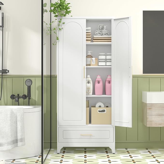 Polup 75" Metal Storage Cabinet, Tall Kitchen Pantry Cabinet with 1 Drawer | White Heavy-Duty Steel Cupboard, 2 Doors, 3 Adjustable Shelves, Magnetic Latch, Gold Handles, for Dining Living Room, Laundry