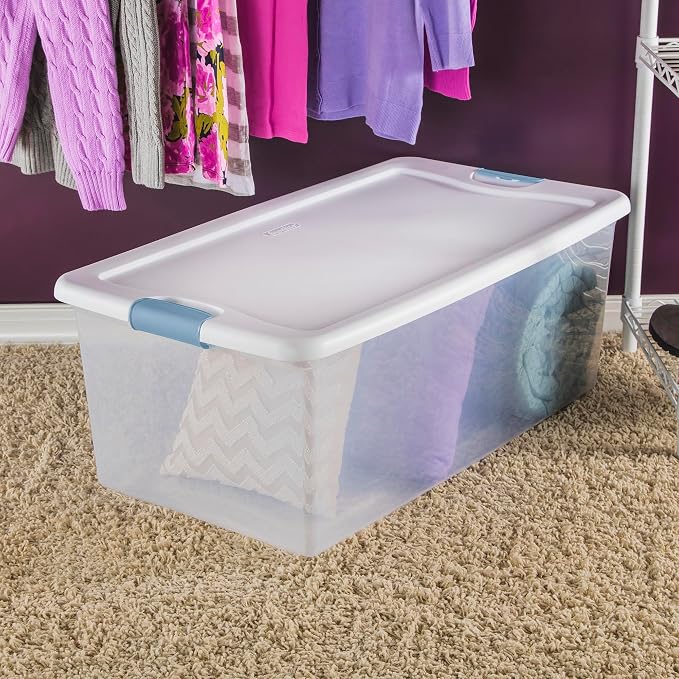 Sterilite 16-Pack Latching Box, Under Bed Storage Bins with Lids, Clear Plastic, 106 Quart - Heavy-Duty Organizing Containers for Closet, Bathroom, and Office