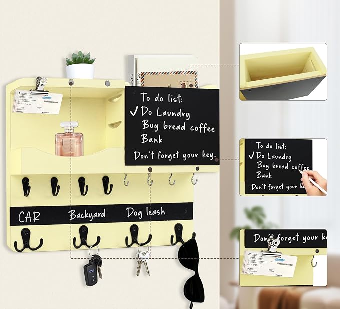 Key Holder for Wall Mount with Shelf and Mail Organizer, Key and Mail Holder with 16 Hooks, Farmhouse Entryway Organizer, Home Decor Rack(Pine Wood,Ivory Yellow)