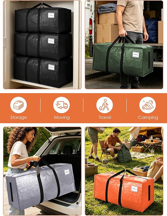 SWEET DOLPHIN 8 Pack 200LB Heavy-Duty Moving Bags with Wrap-Around Handles, Extra Large Storage Totes for Space Saving, Clothes Storage Bags, College Dorm Essentials, Multicolor, 24 Gal