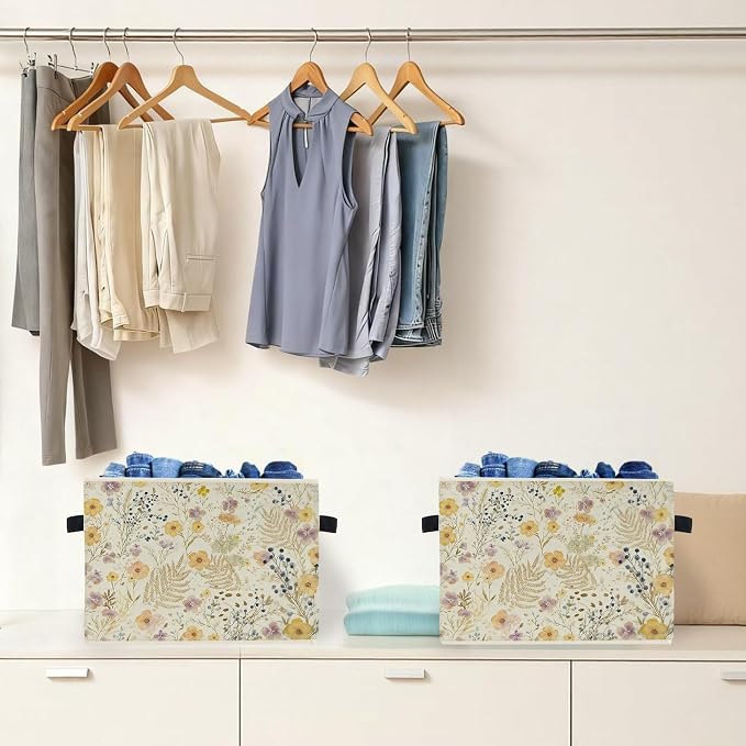 Watercolor Wildflower Storage Box Bins, Vintage Cottagecore Botanical Floral Collapsible Storage Basket Organizer for Bedroom Laundry Room Home Clothes Books, Decor for Room