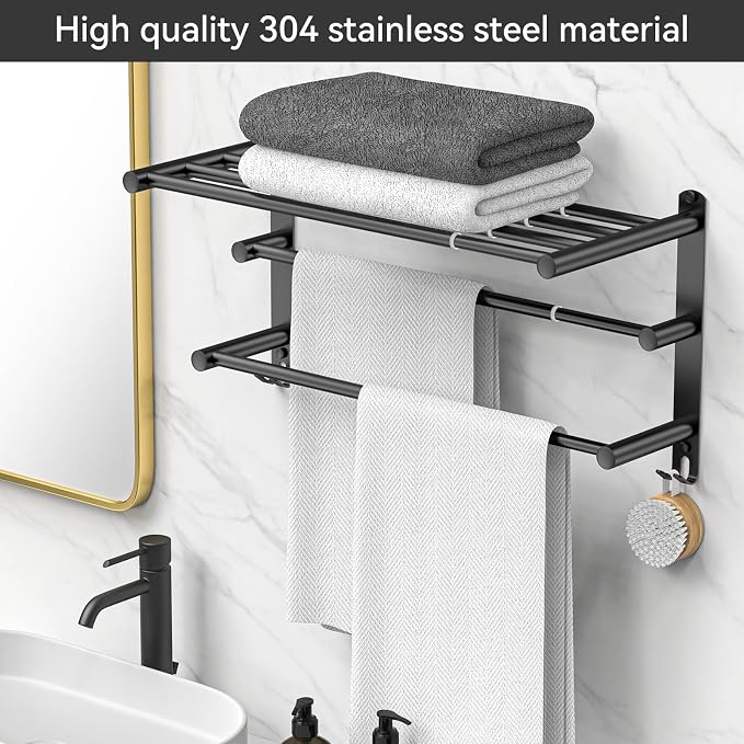 CAXIMSY Black Adjustable Towel Bar for Bathroom Wall Mount17-30.7inch Adhesive Shower Towel Rack Stainless Steel Bath Towel Holders for Toilet Kitchen Double Towel Hanger (Black 3-Layer Towel Rack)