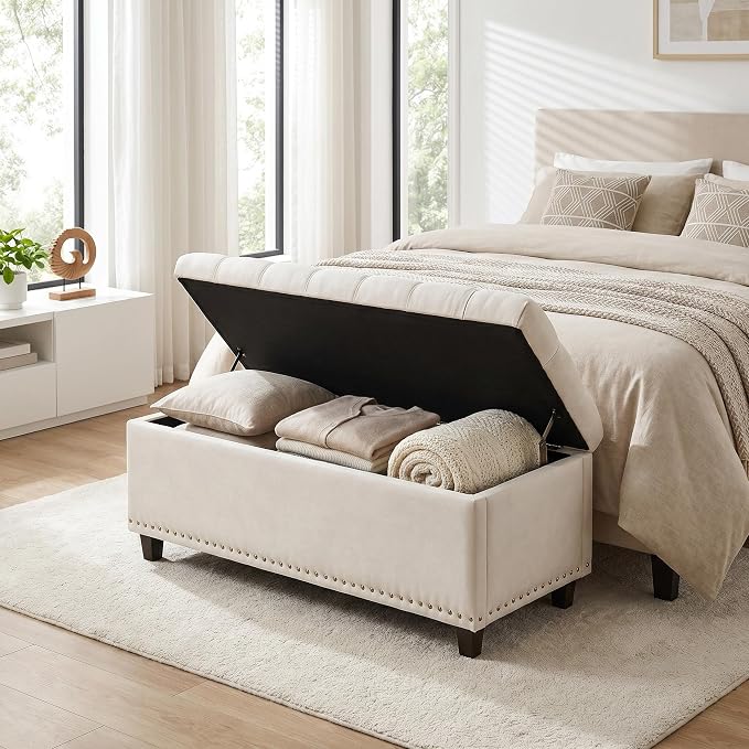 Tbfit Ottoman with Storage, 50.8" Upholstered Button Tufted End of Bed Bench with Safety Hinge & Rivets, Large Entryway Bench, Foot Rest Stool for Bedroom, Living Room (Beige)
