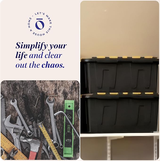 HOMZ 4-Pack Durabilt Tote, Heavy Duty Plastic Storage Bins with Lids, 15 Gallon, Black/Yellow - Stackable Organizing Containers for Home, Garage, and Office