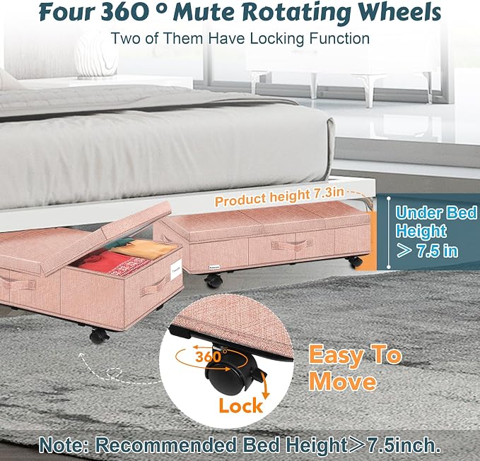 Supowin Under Bed Storage with Wheels, 2Pack Rolling Underbed Storage | 7.3 Inches Tall Under the Bed Container with Lids, Reinforced Handle, Reinforced Metal Bottom Support, 360° Rotating Wheels