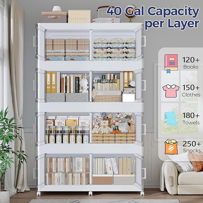 160GAL Extra Large Storage Bins with Lid, 640Qt Stackable Closet Organizers and Drawers, Collapsible Storage Bins with Wheels, Folding Containers for Home, Kitchen Office, 4Pack White