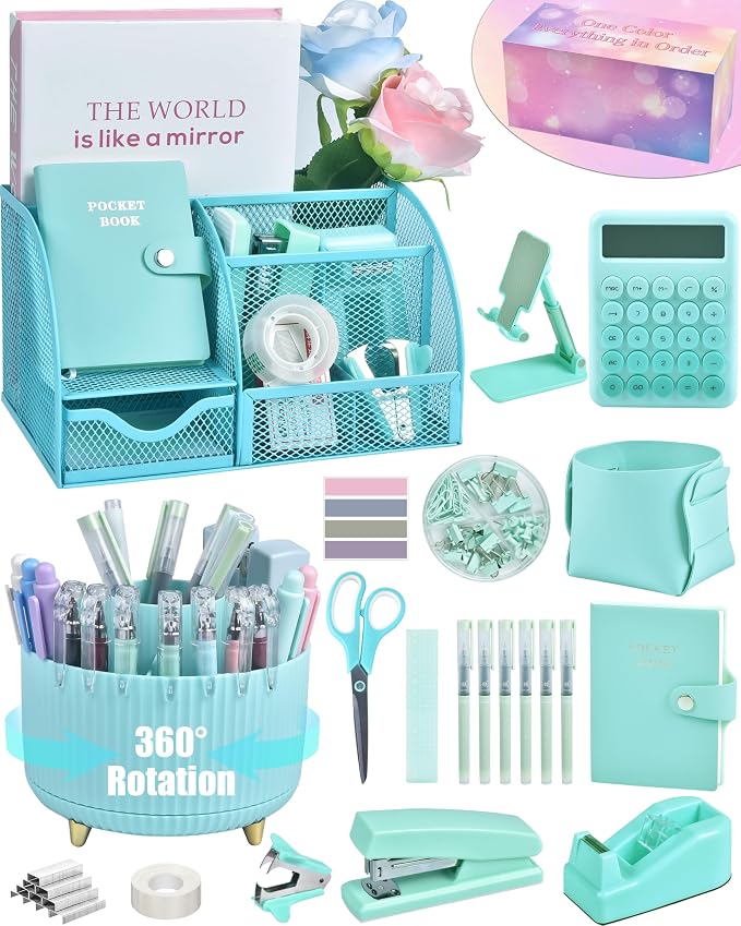 LXEVIHK 21Pcs Green and Blue Desk Organizers and Accessories With Mesh Desk Organizer and 360°Rotating Pen Holder and a Lot of Office Green Office Supplies Beautifully Presented in a Gift Box