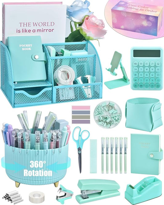 LXEVIHK 21Pcs Green and Blue Desk Organizers and Accessories With Mesh Desk Organizer and 360°Rotating Pen Holder and a Lot of Office Green Office Supplies Beautifully Presented in a Gift Box