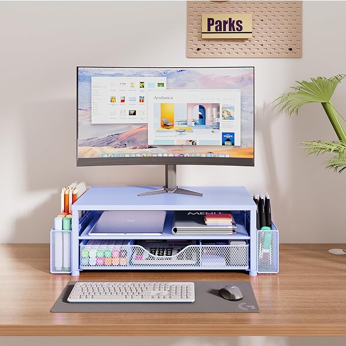 OPNICE Desk Organizers and Accessories, Computer Monitor Stand Riser with Drawer and 2 Pen Holders, Printer & Laptop Stand, Office Desk Accessories & Workspace Organizers for Home Office Supplies, Blue