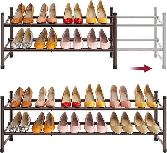 Expandable Shoe Rack for Closet 2 Tier, 28“-41“Stackable, Bronze | Adjustable Shoe Organizer Closet Shoe Rack Floor, Metal Small Shoe Shelf Storage for Entryway, Garage, Front Door Entrance