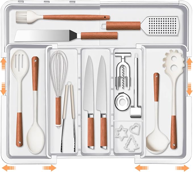 Spaclear Large Utensil Drawer Organizer Expandable Silverware Organizer for Kitchen Drawer Adjustable Cooking Utensil Holder Cutlery Flatware Tray Spatula Tools Gadgets Storage Dividers Plastic White