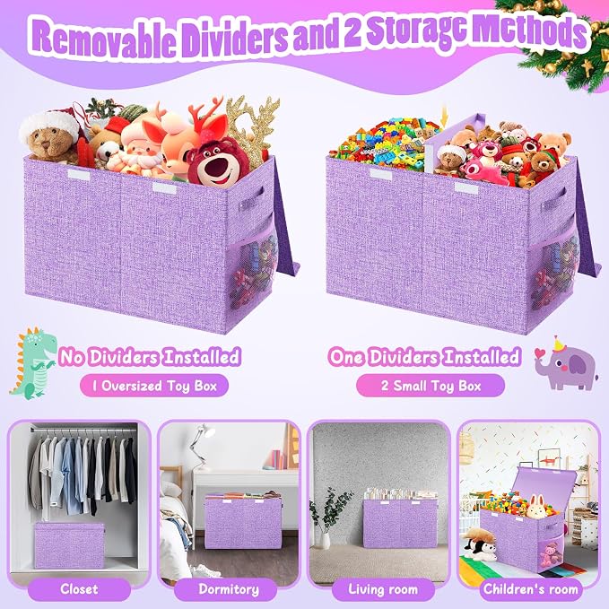 Large Toy Storage Box with Lid, Dividers, Collapsible Kids Toy Chest Purple | Toy Box for Boys, Girls, Nursery, Bedroom, Living Room, Playroom, 25 x 13 x 16 inches