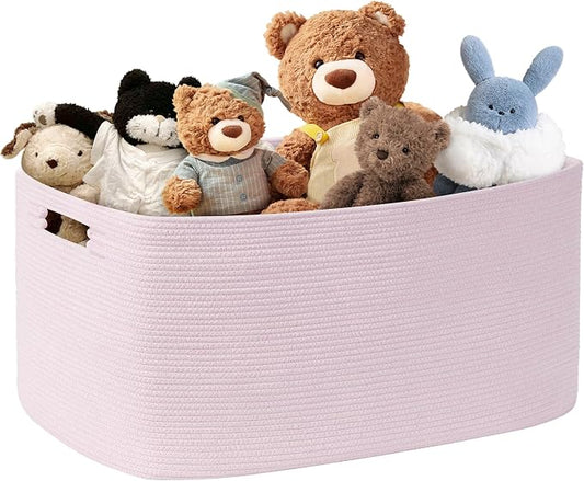 72L Large Woven Laundry Basket Hamper with Handles, Pink | collapsible wicker hamper, storage for dirty clothes, toys, blankets, gifts, living room, bedroom, bathroom, 22"x17"x12"